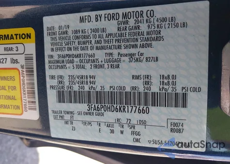 2019 Ford Fusion Se из США, поврежденный, VIN 3FA6P0HD6KR177660